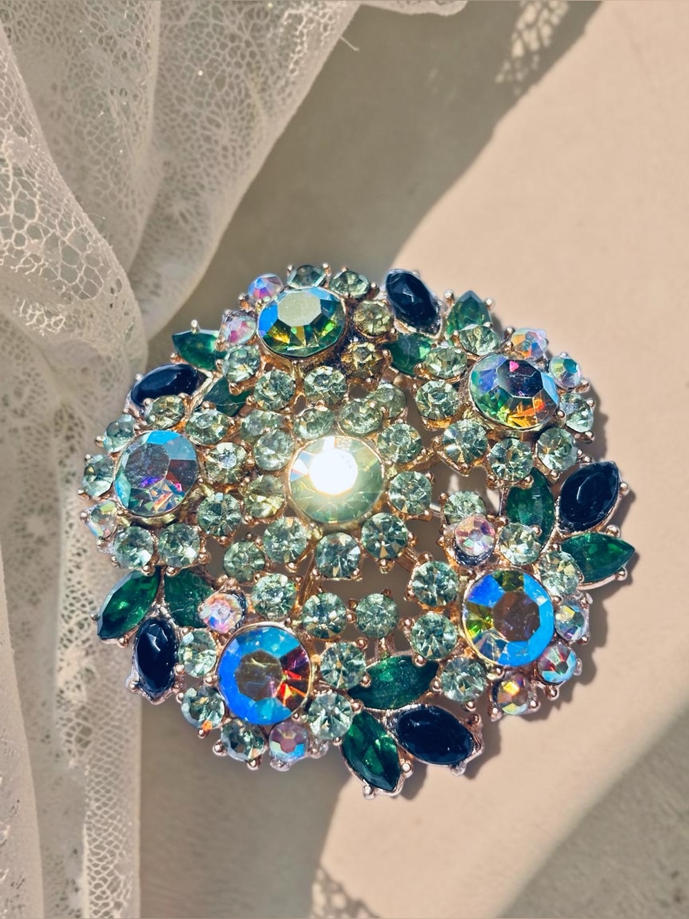 Vintage Crown Trifari Emerald & Aurora Borealis Brooch